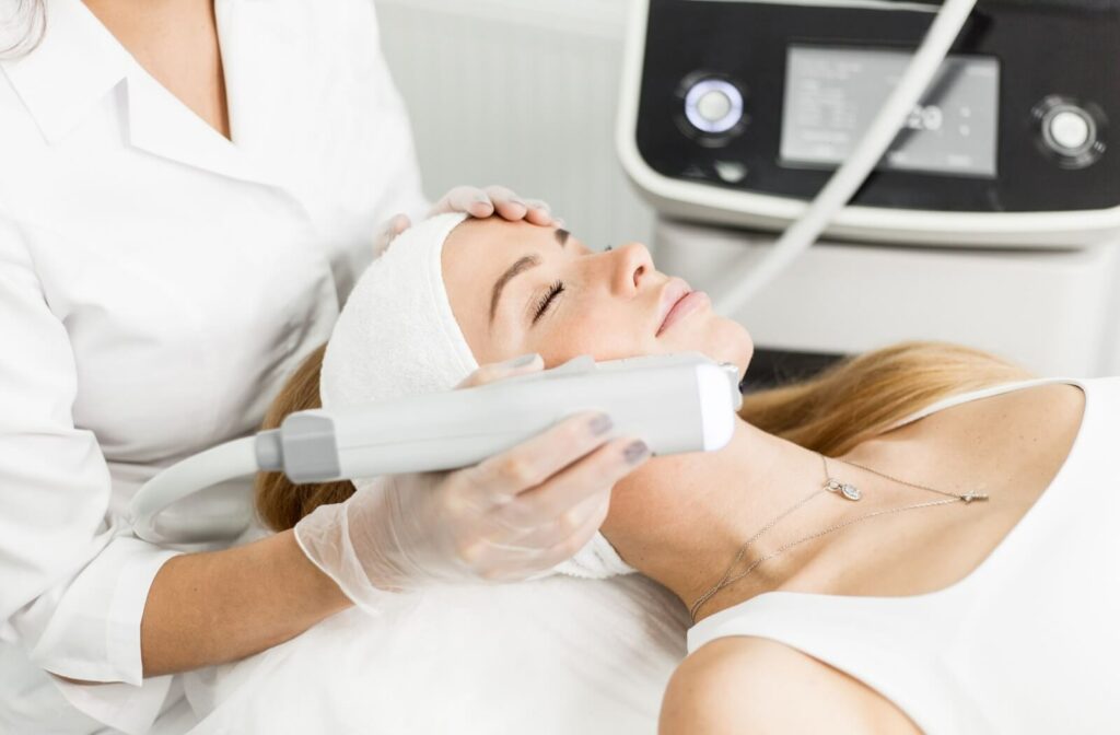 Close-up of a woman about to receive an IPL treatment for her dry eyes.