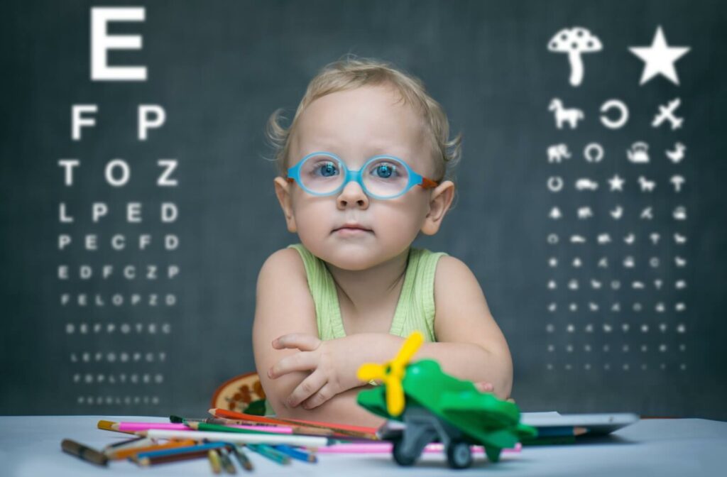 A child sits in front of a vision test on a chalk board wearing glasses.