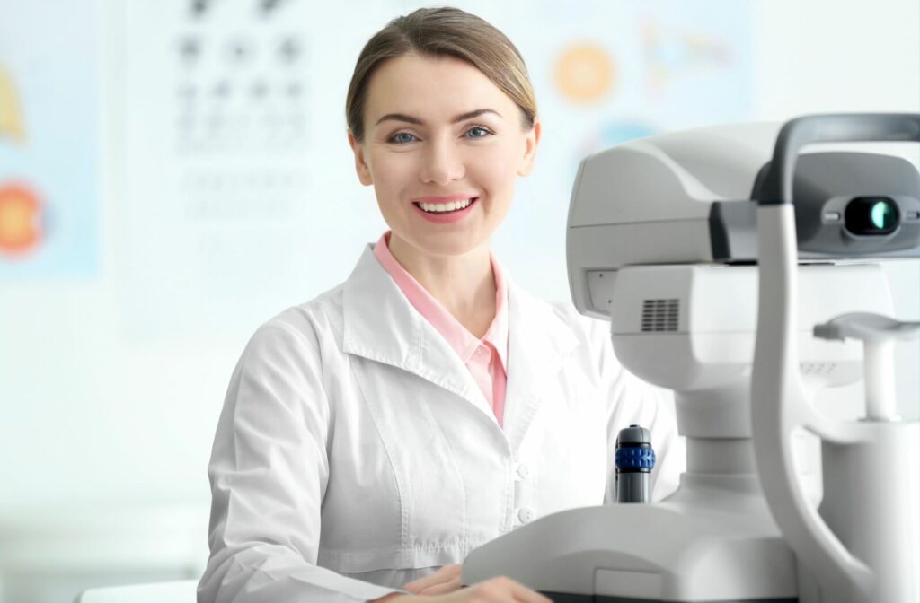 A smiling optometrist preparing for an eye exam is sitting in front of a retinal camera in their office.