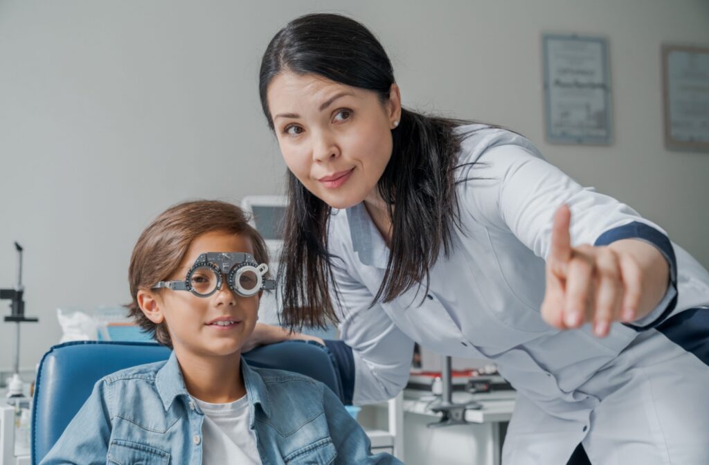 Child receiving a comprehensive eye exam to check for myopia progression.